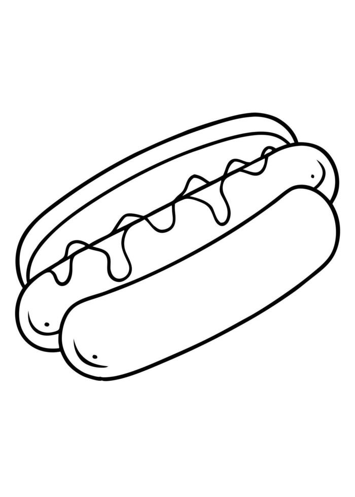a hot dog with mustard and ketchup drizzled on top, illustration line art vector