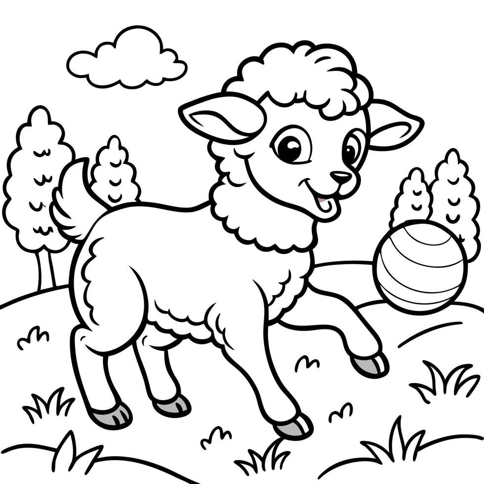 illustrate a playful, cute lamb baby sheep in a grassy park, chasing a ball with joyful energy the vector