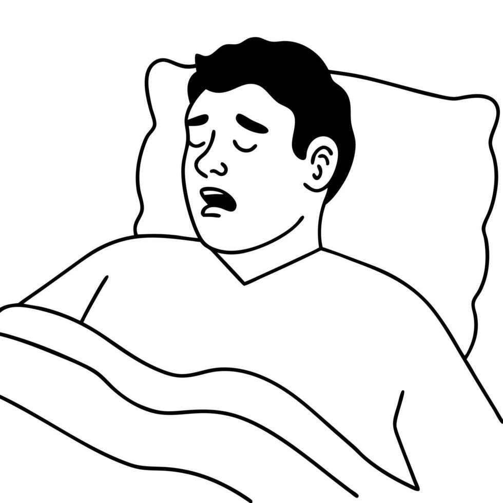 the man is snoring on the bed, illustration line art vector