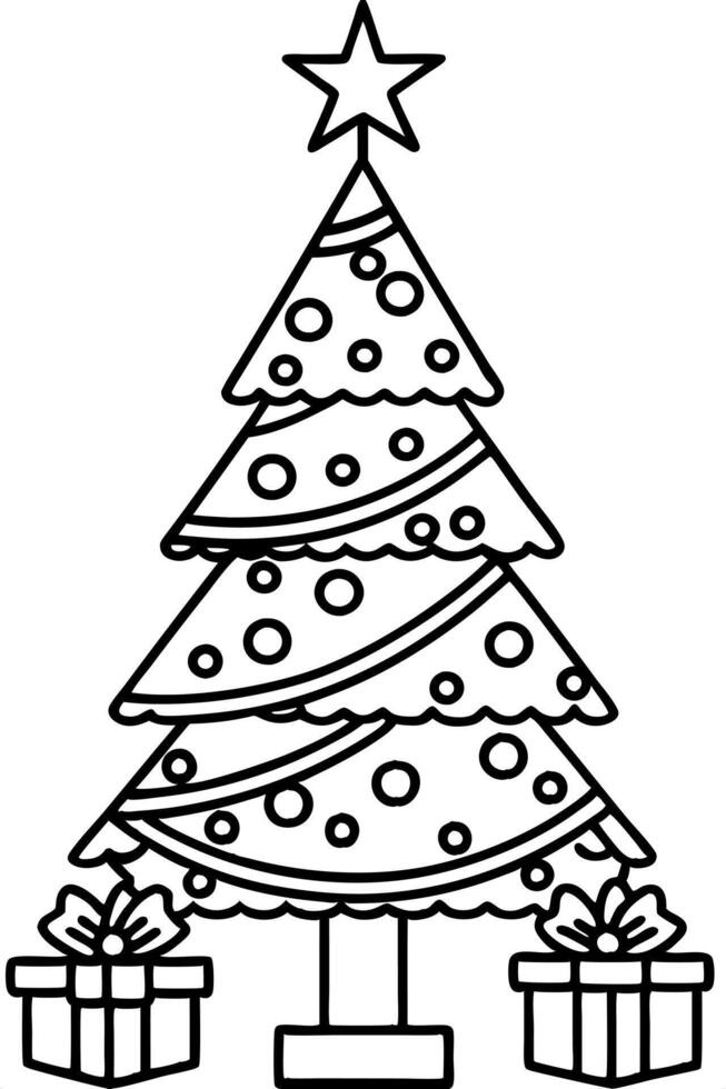 black and white style christmas tree with presents under it, clear background and all black vector