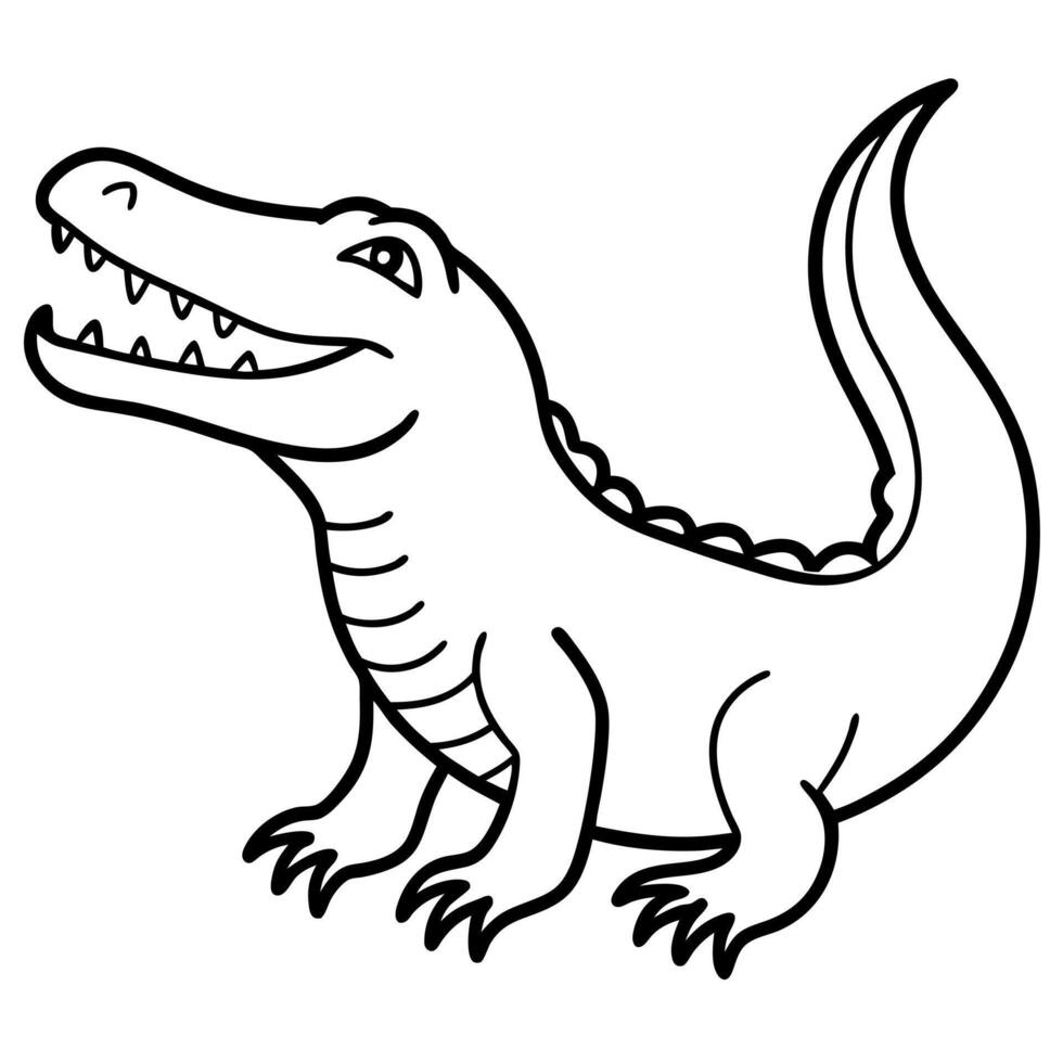 a caiman with its mouth closed, showing its rough skin and strong tail, illustration line vector