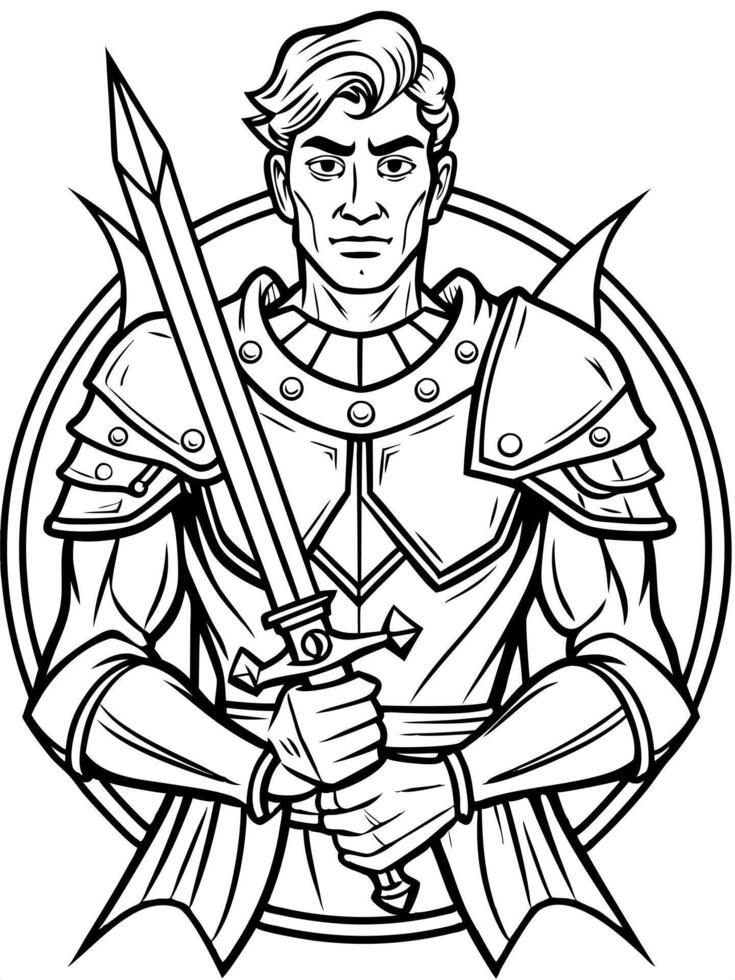 a noble knight with sword , illustration , background fantastic, illustration line art vector