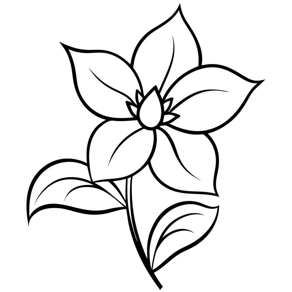 a simple black and white line drawing of a stylized jasmine flower with a stem and leaves, vector