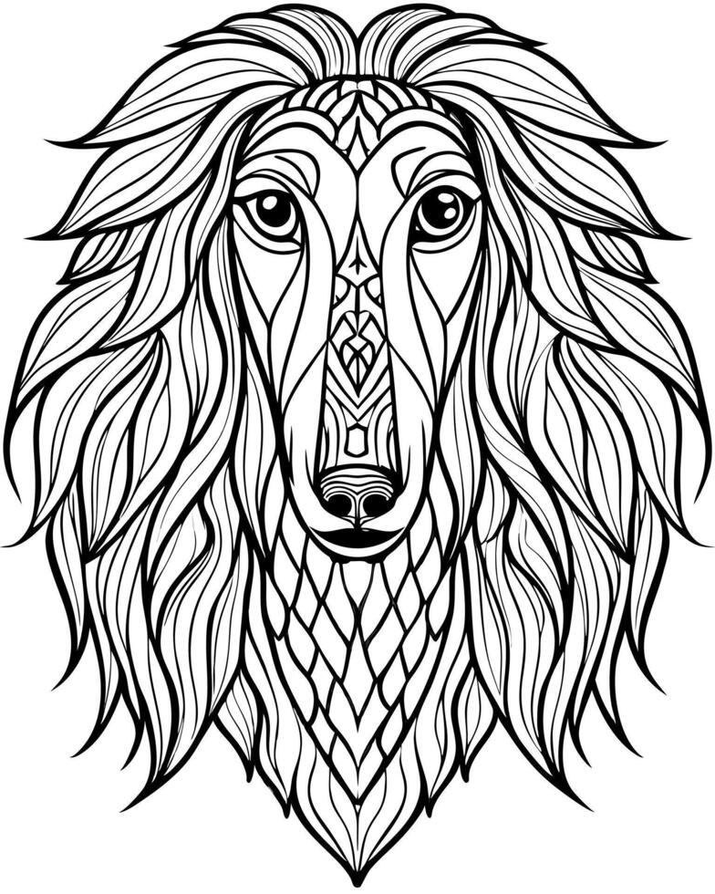 an intricate line art illustration of a afghan hounds head filled with detailed patterns and vector