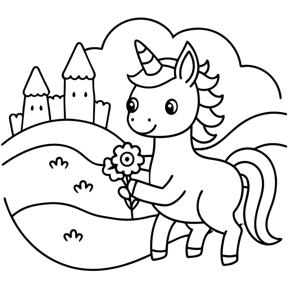 a baby unicorn holding a bouquet of flowers, standing on a hilltop with a view of rolling hills and vector