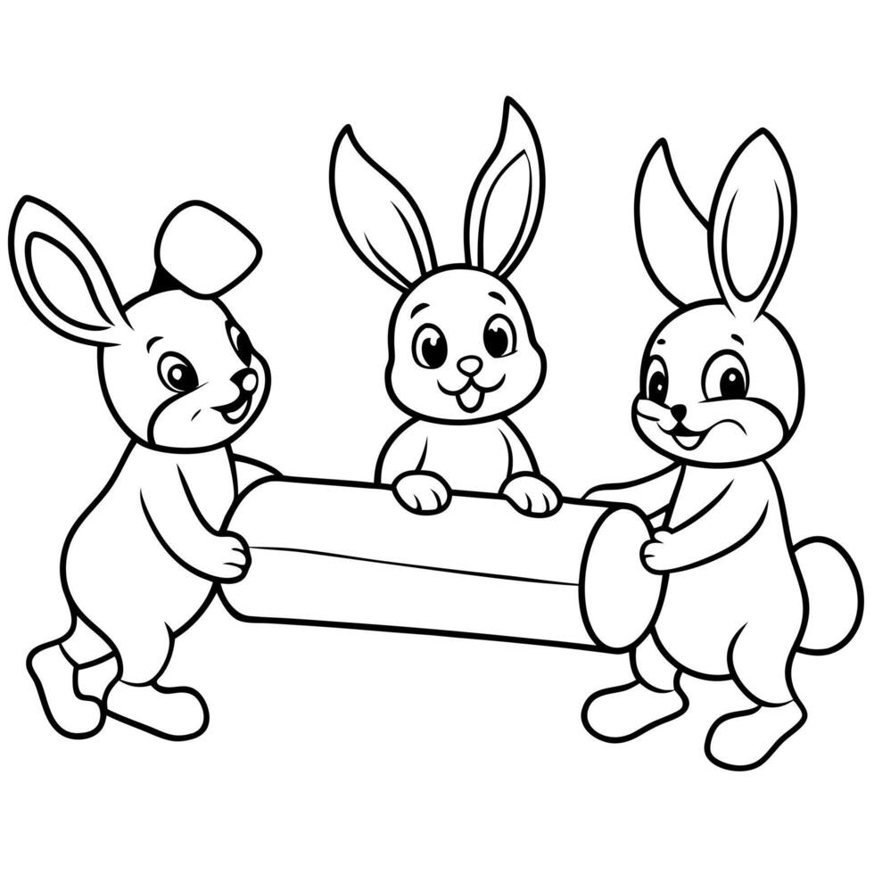 premium three rabbit cartoon playing in the log, illustration line art vector