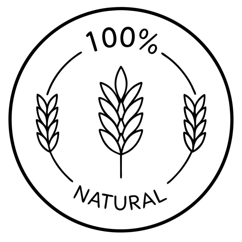 a black and white circular logo with the text 100 natural and with one ear of wheat icons, vector