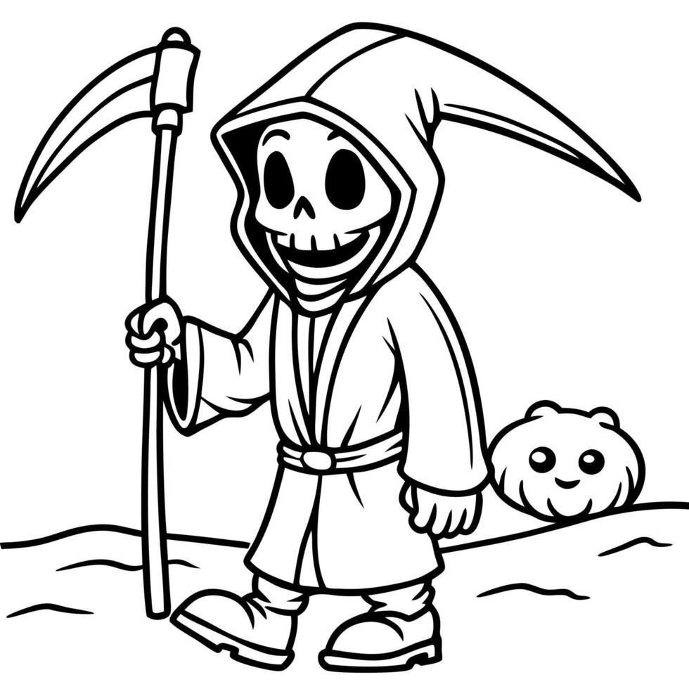 a cute grim reaper figure, holding a scythe the character has a skull-like face and is draped in a vector