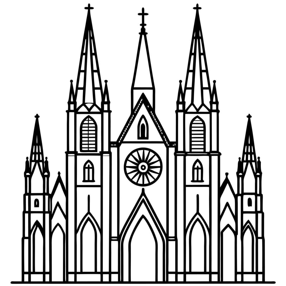 a gothic cathedral, with towering spires, stained glass windows, and intricate stonework, vector
