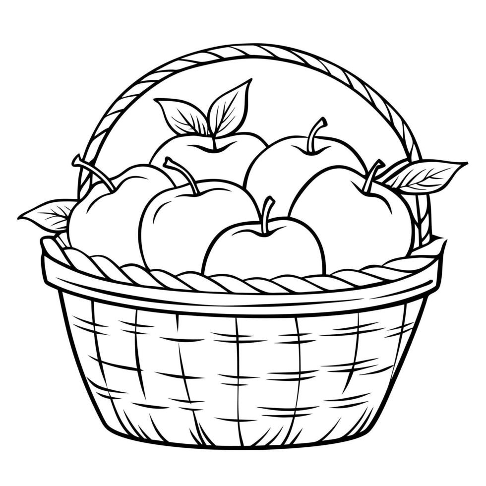 autumn basket with juicy and ripe apples, illustration line art vector