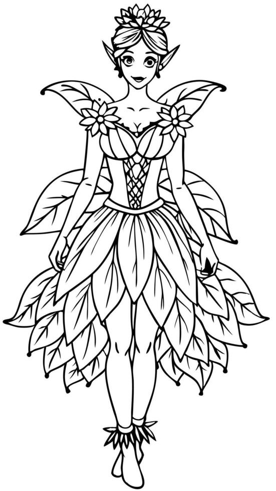 fairy showing off her unique dress made of petals, leaves, and other natural elements, with a vector