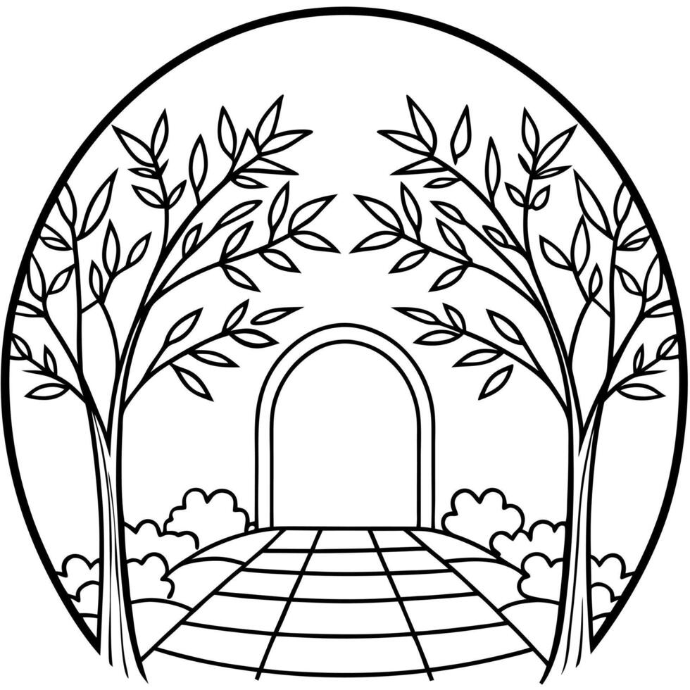 a watercolor simple minimalist white fine line art of a pathway lined with trees, leaves vector