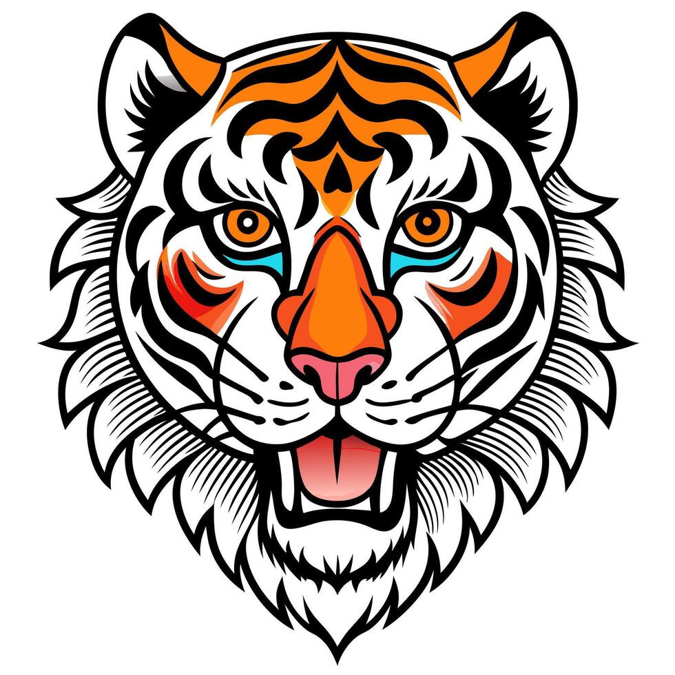 tiger head traditional tattoo, bold line, detail line, simplify color, sharp line, full body, 3d vector
