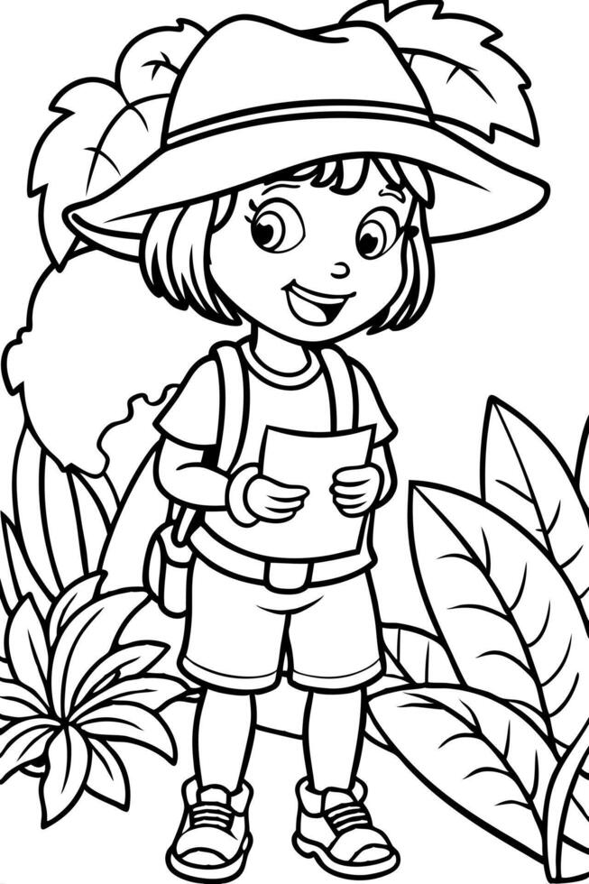 dora the explorer brings a map on her hand while in the jungle, illustration line art vector