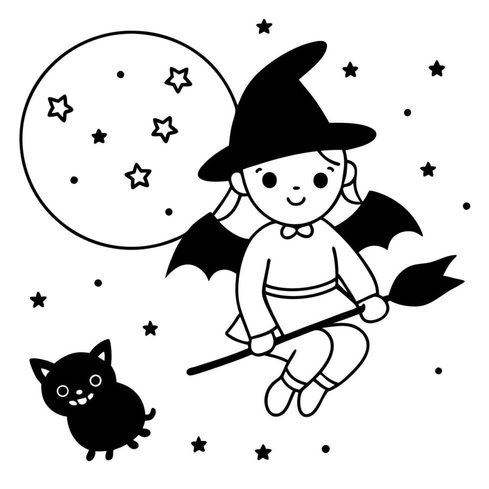 a cute, friendly witch flying on her broomstick over a starry night sky, with her black cat vector