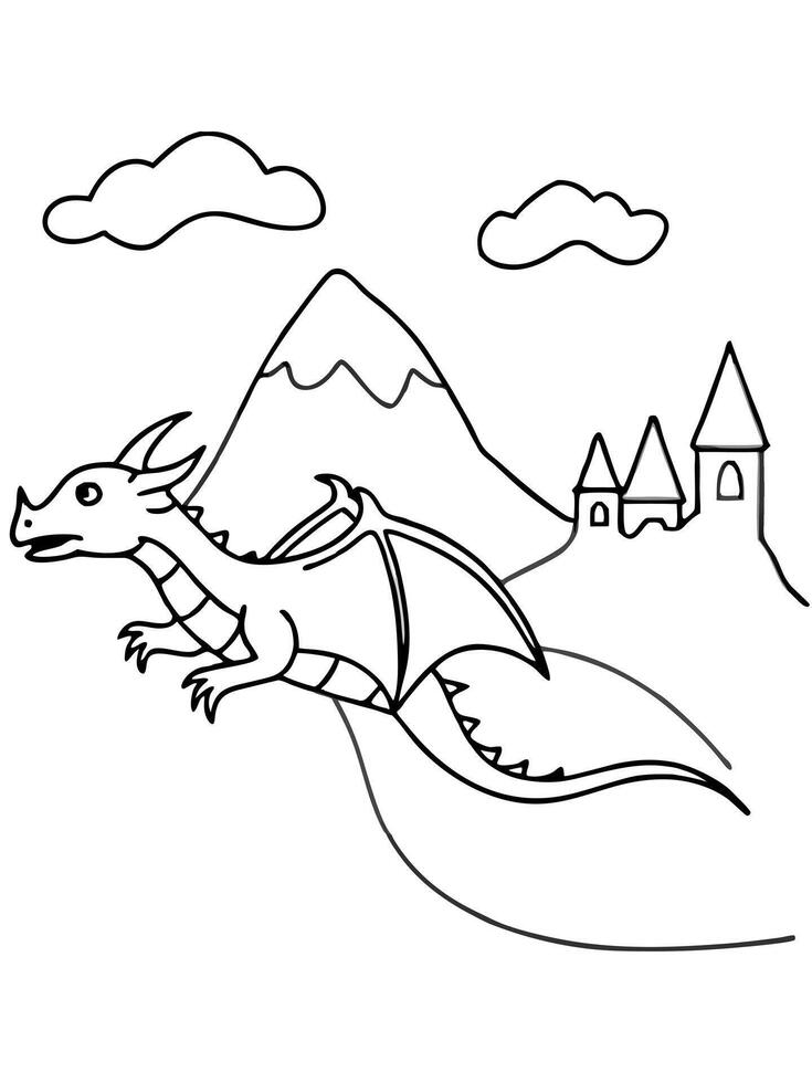 a playful dragon flying in the sky, breathing fire, with mountains and a castle in the background vector