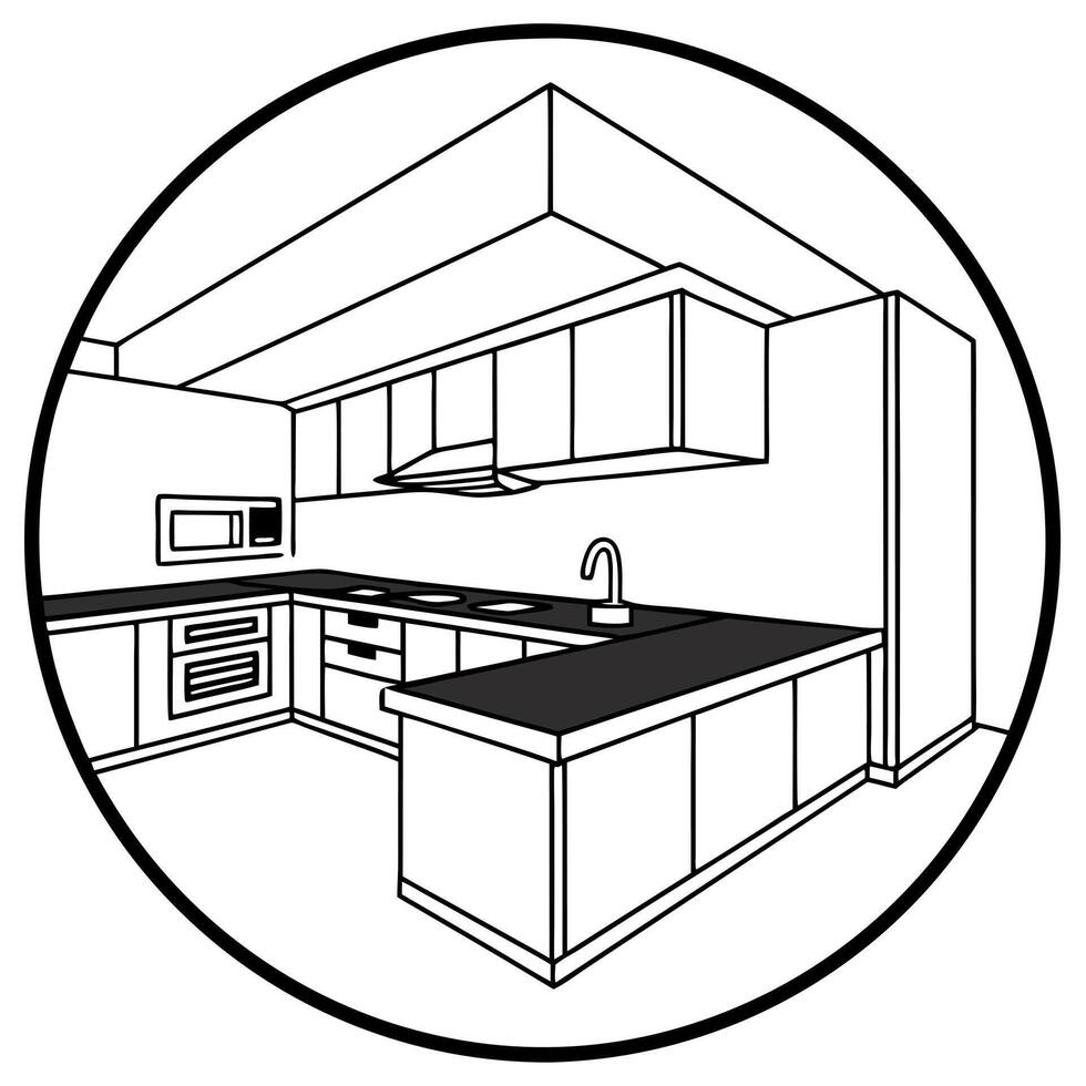 a modern kitchen angle view, illustration line art vector
