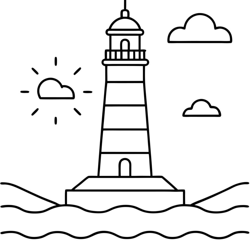 a lighthouse standing in the lake, illustration line art vector