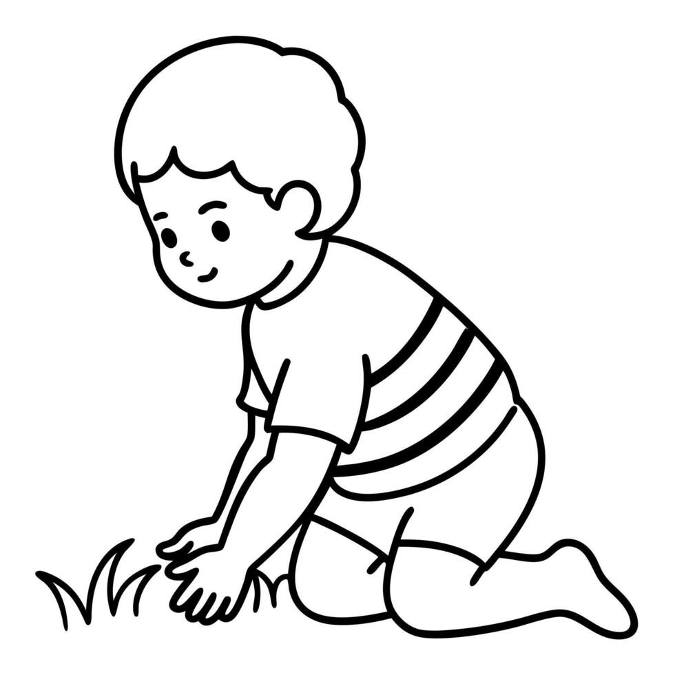 a cute child is playing on grass, illustration line art vector