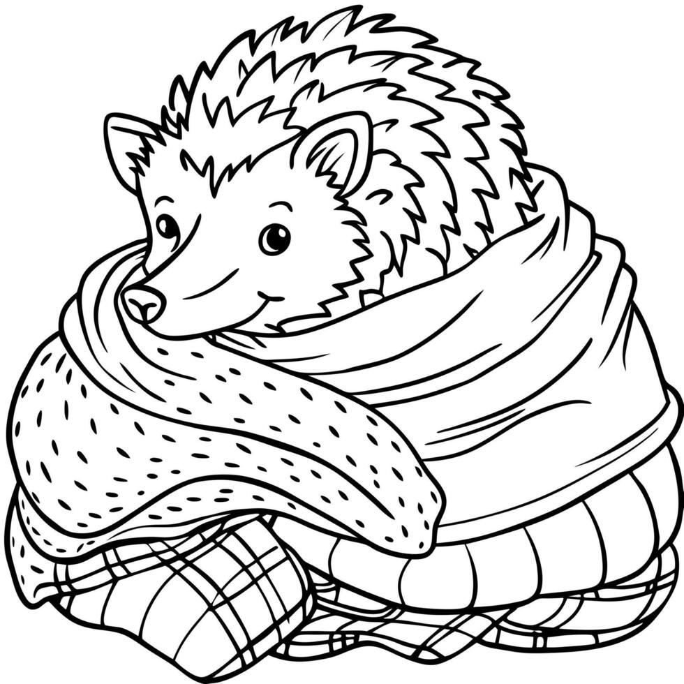 a hedgehog snuggled in a pile of warm blankets and pillows, illustration line art vector