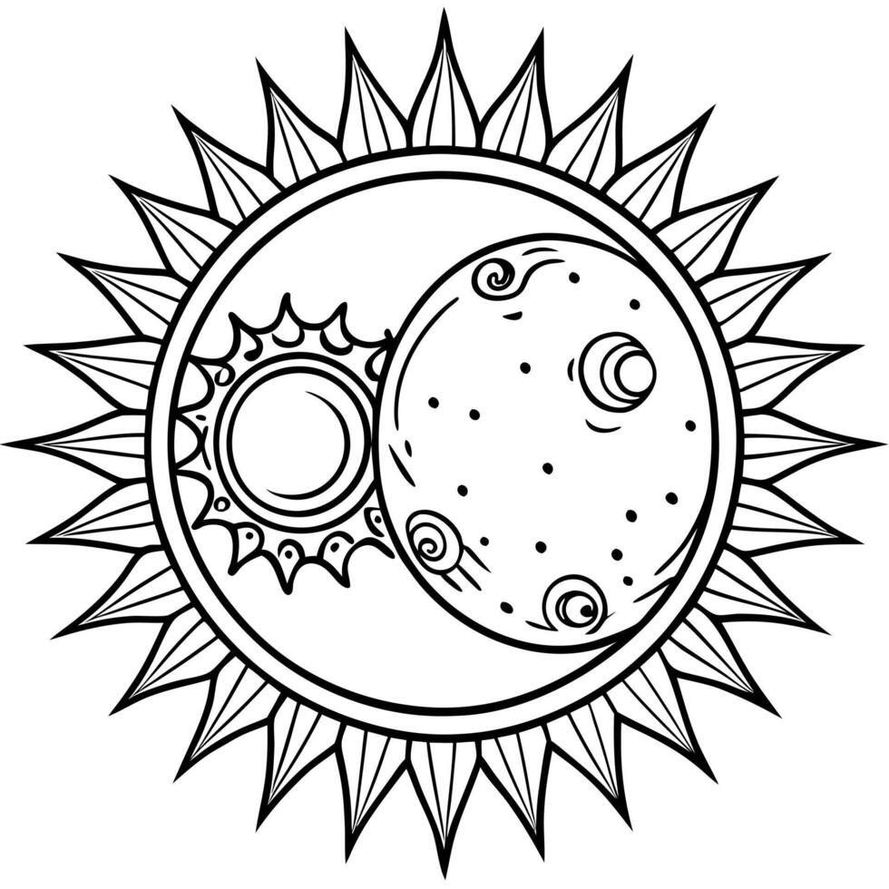 moon infront of sun, illustration line art vector