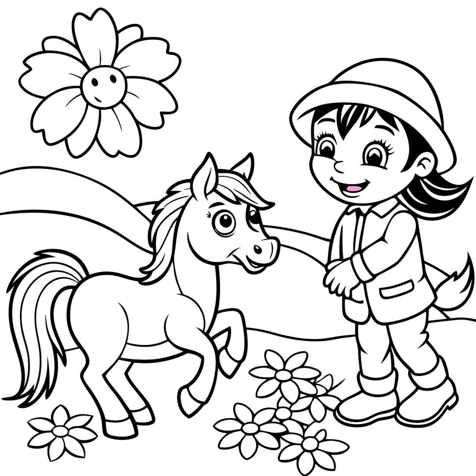 dora the explorer bermain bersama kuda poni di fields, illustration line art vector