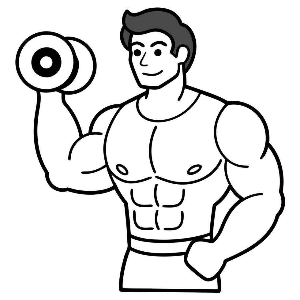 body bilder and dambel in his hands in line art on white baground, illustration line art vector