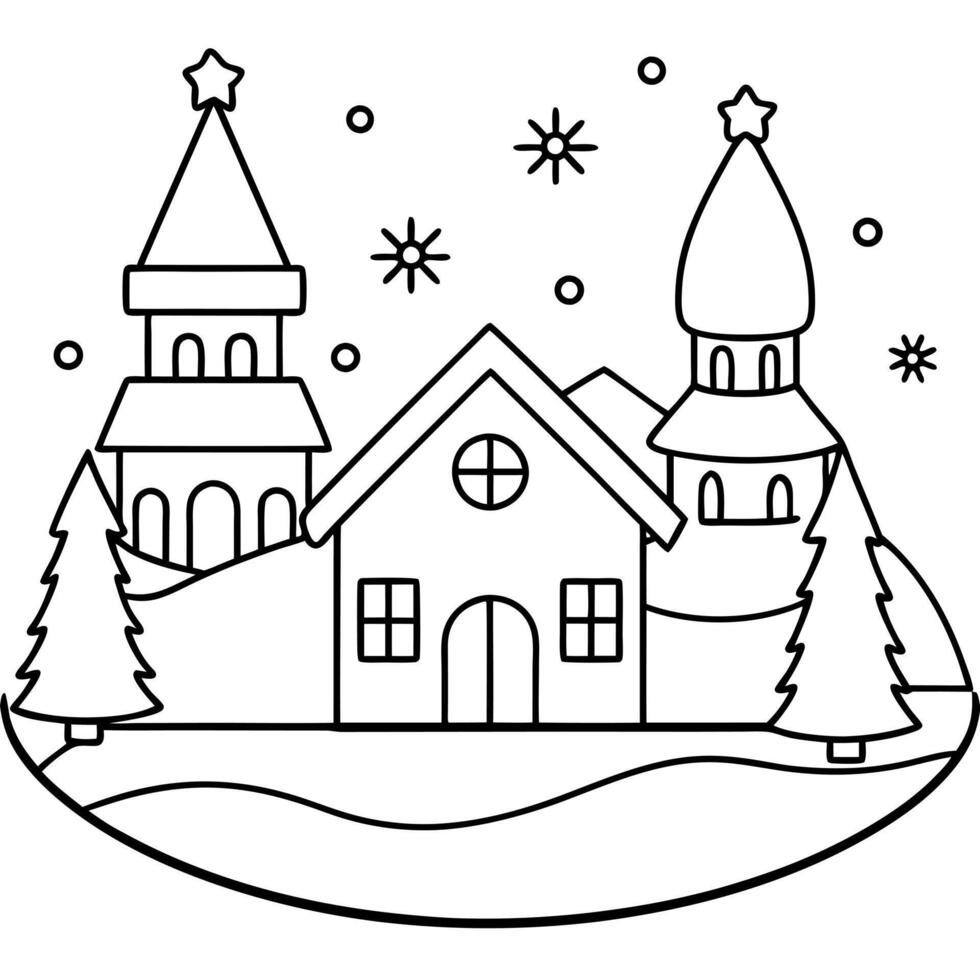 christmas village sets on a white background, illustration line art vector