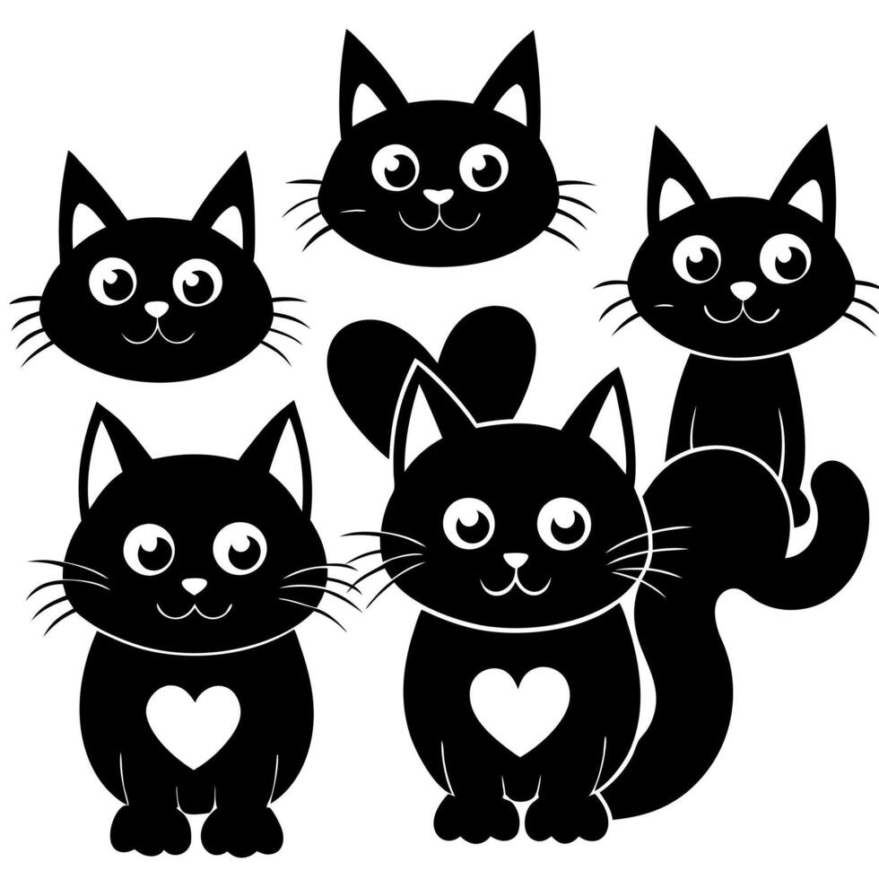 six cartoonish black cats with big, round eyes and scruffy fur, each cat displaying different vector