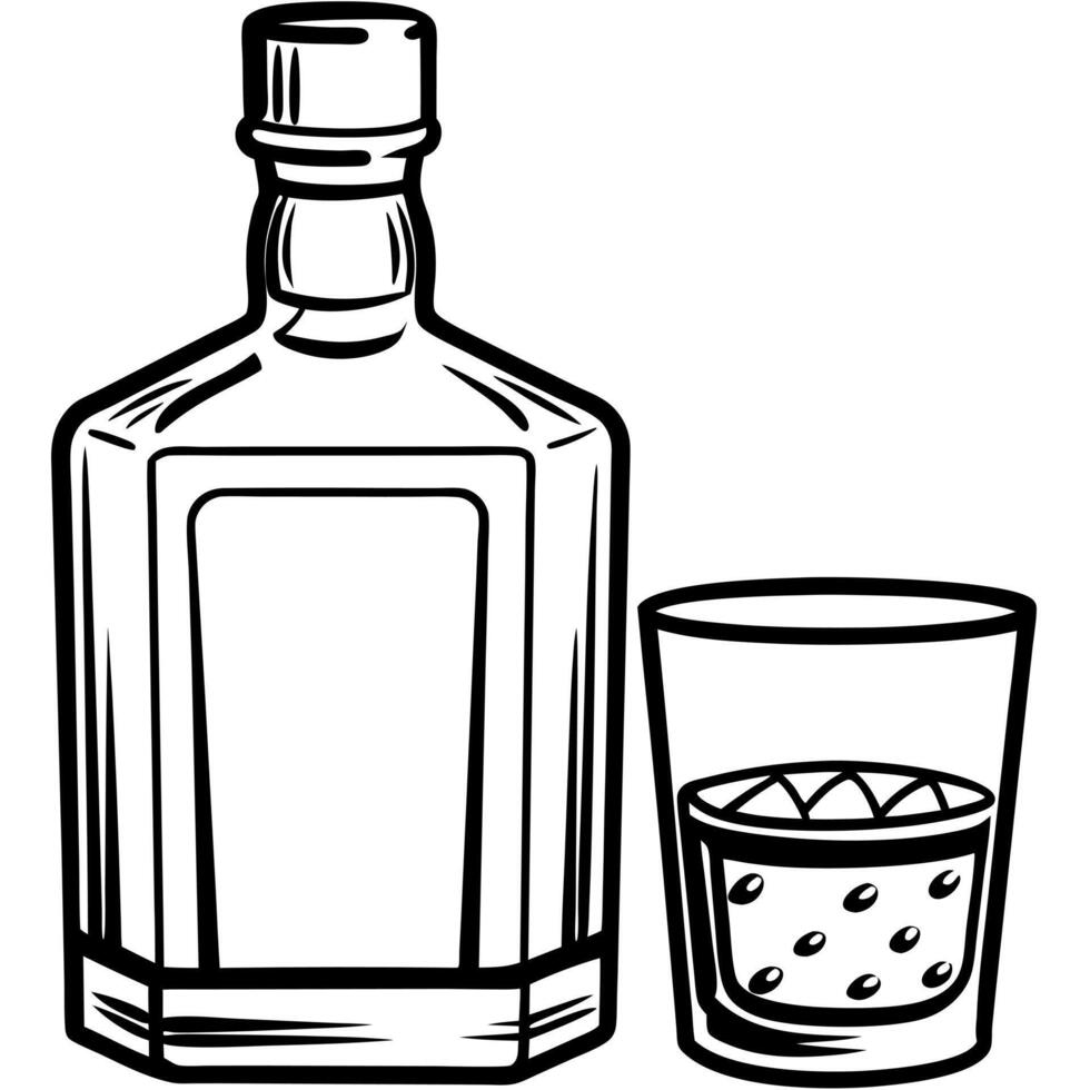 bottle of whiskey and glass, illustration line art vector