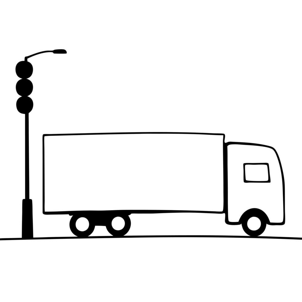 semi truck with traffic light, illustration line art vector