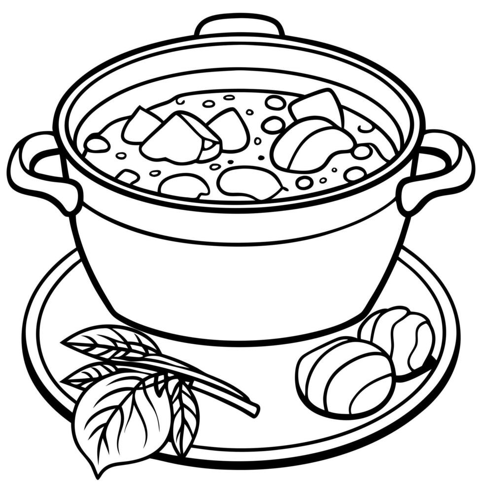 a coloring page of a soup and cooking pot, illustration line art vector