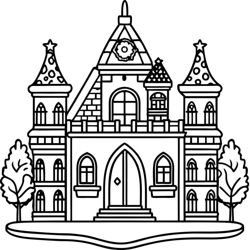 a fairytale castle with a cozy library, illustration line art vector
