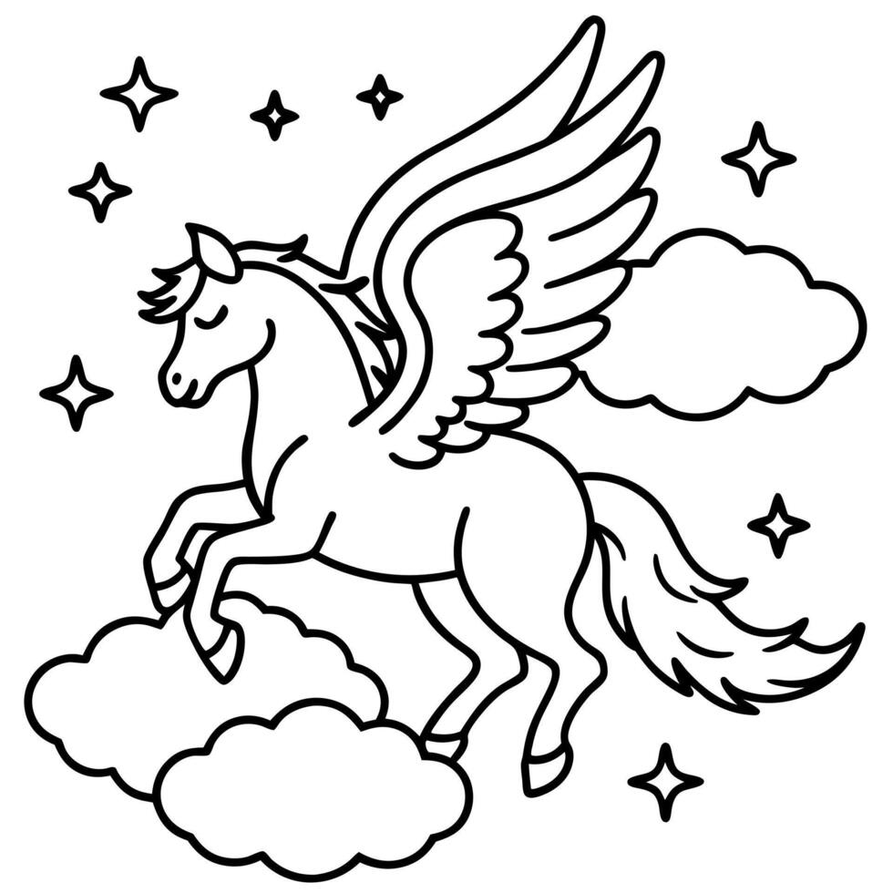 a mythical winged horse soaring through the clouds, with its wings spread wide, surrounded by vector