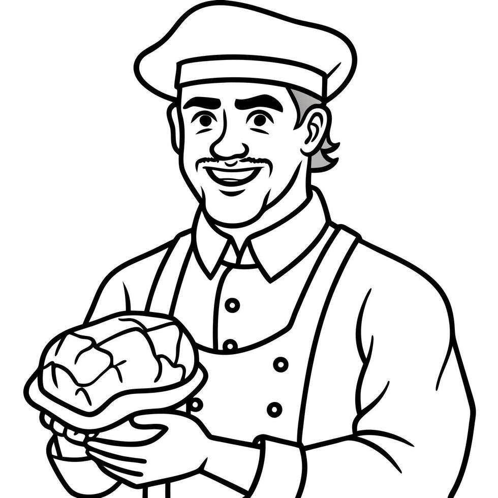 butcher holds raw meat, illustration line art vector