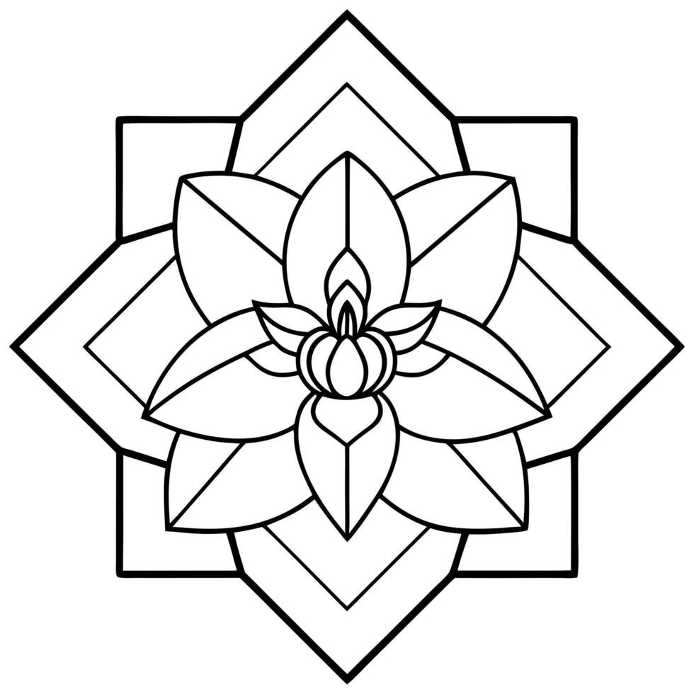 bold line art, orchid in the center with layered hexagons and squares forming a detailed geometric vector