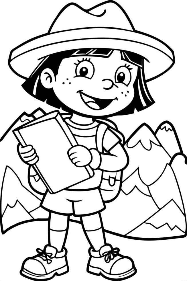 dora the explorer hike a mountain with a map has eyes and smile, illustration line art vector