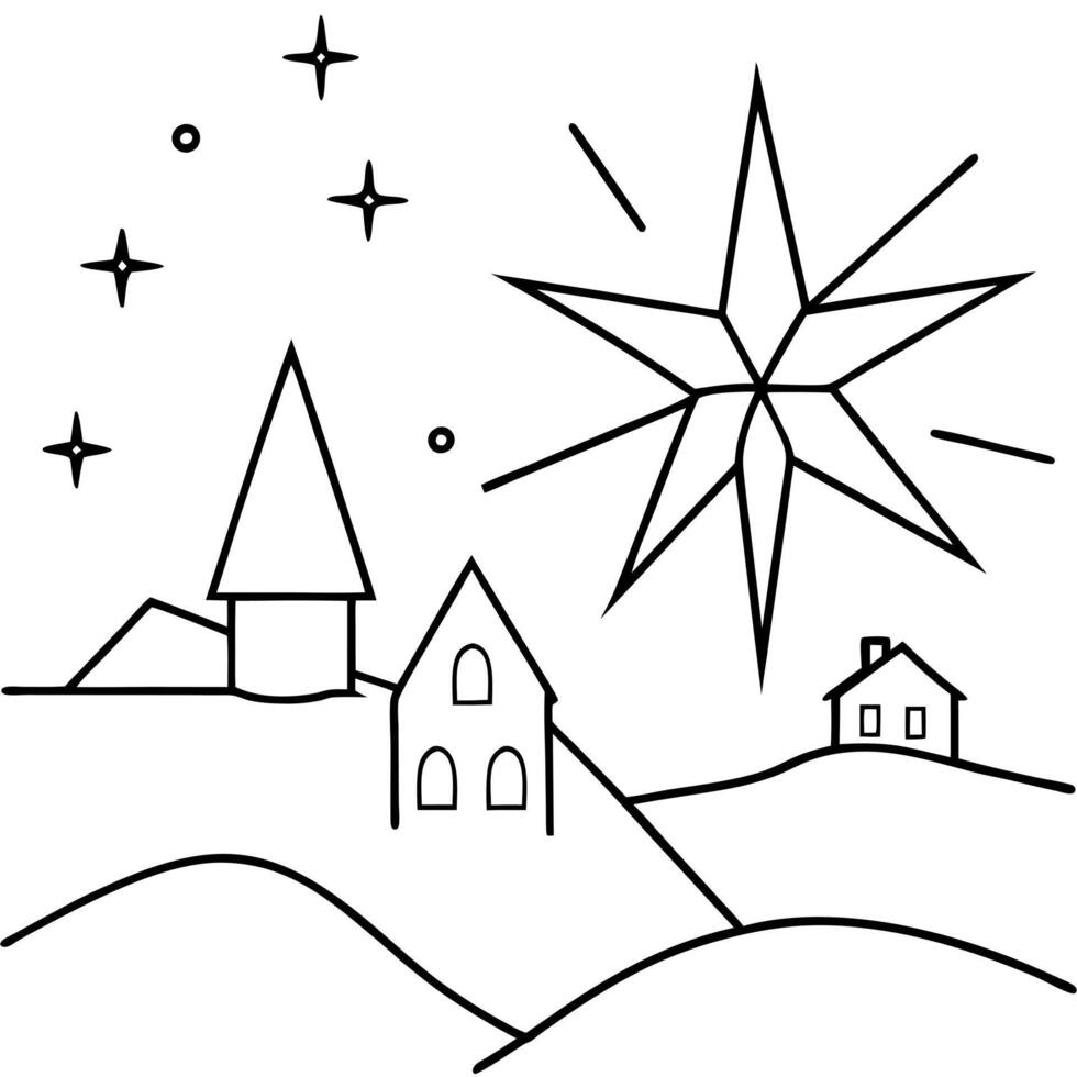 design a christmas star shining brightly over a peaceful snowy village, illustration line vector