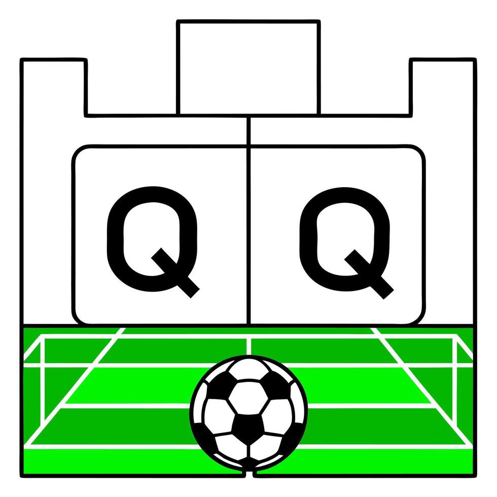 an illustration of a football pitch, with the upper and lower case letter q, q prominently vector