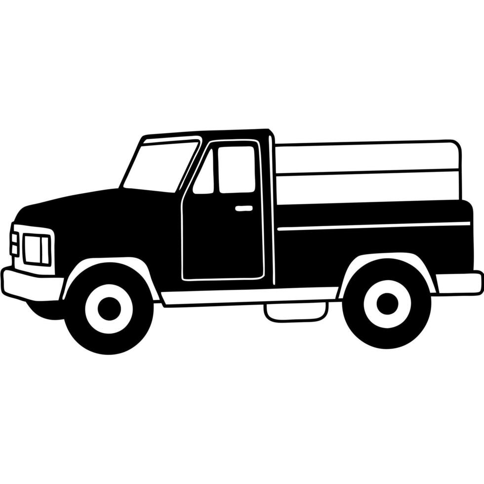 a silhouette of a truck with a large cargo bed and rugged tires, standing out on a white vector