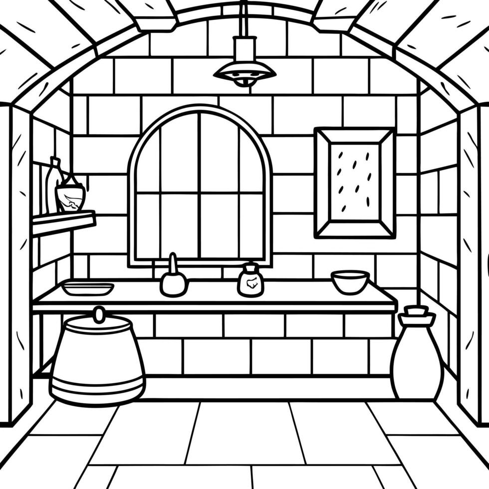 cartoon, the empty room of a fabulous kitchen, medieval from the inside out, illustration vector