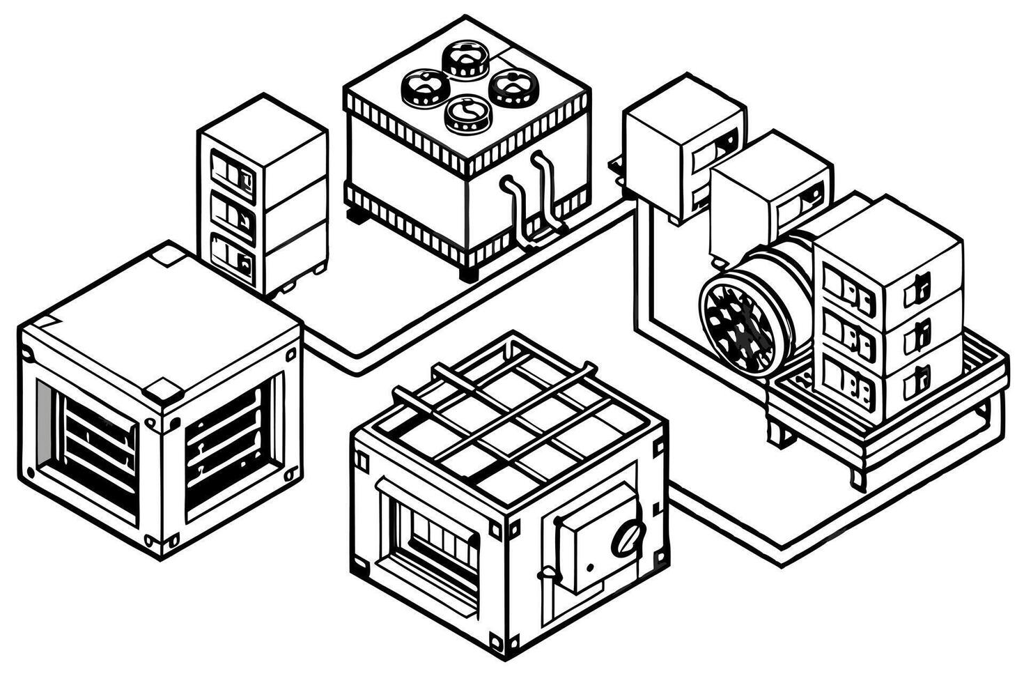 mining system cryptocurrency, wires computers stations cards, isometric view, vector