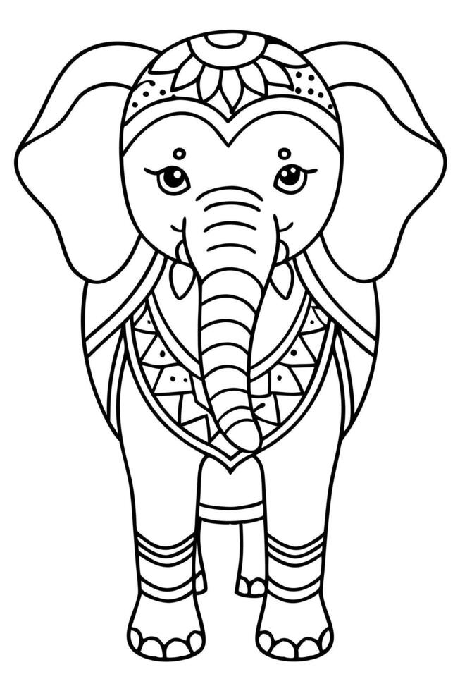 a coloring page of an elephant with mandala patterns on its head and body, with no color just black vector