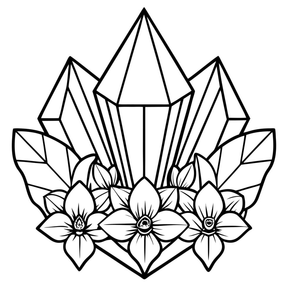 logo for a crystal shop, crystal cluster, orchids at the very bottom, illustration line art vector