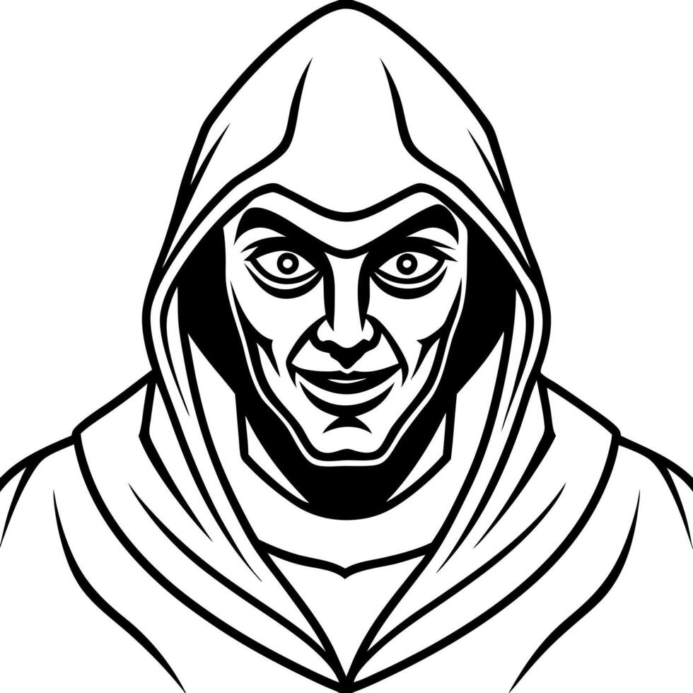 a frightening figure wearing a hood with sinister eyes and an empty face looking towards the camera vector