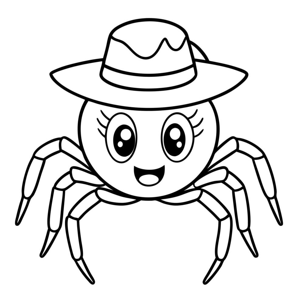 cute cartoon anime style little spider wearing a tiny hat, illustration line art vector