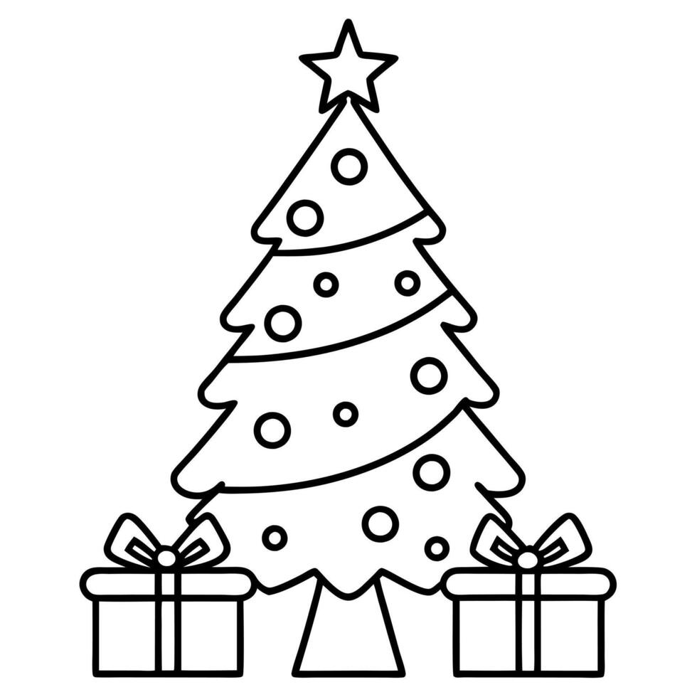 draw a christmas tree with wrapped presents underneath, illustration line art vector