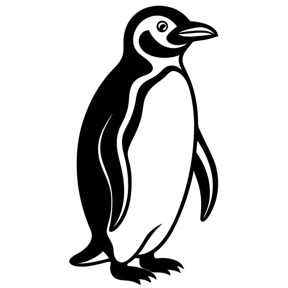 black penguin silhouette illustration, solid white background, illustration line art vector