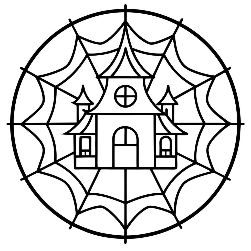 haunted house with broken windows and spider webs mandala, illustration line art vector