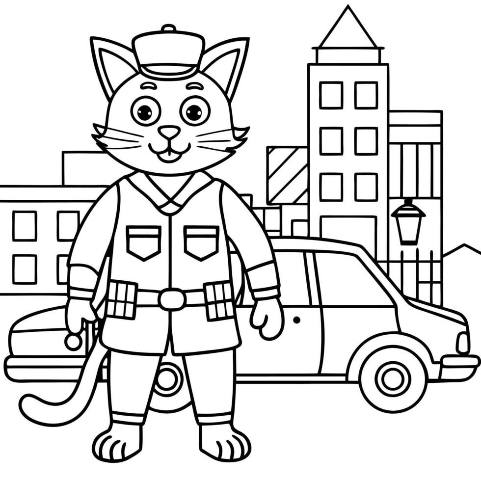 a photo of a male yellow cat standing on two legs wearing a police uniform the cat is holding a vector